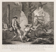 KG 12971
<br/>
Bij het tot ridder slaan krijgt Sancho een klap.
<br/>
<em>Ravenet, Simon François I (1706-1774)</em>